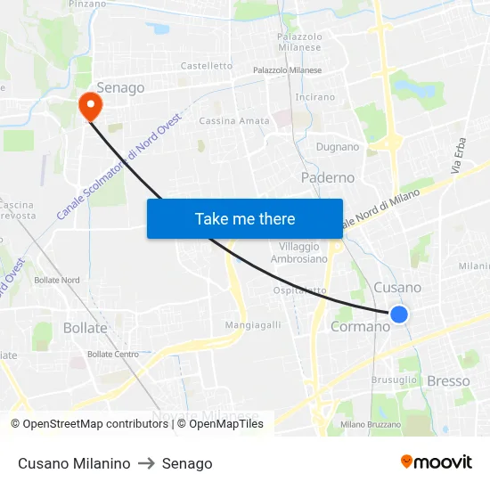Cusano Milanino to Senago map
