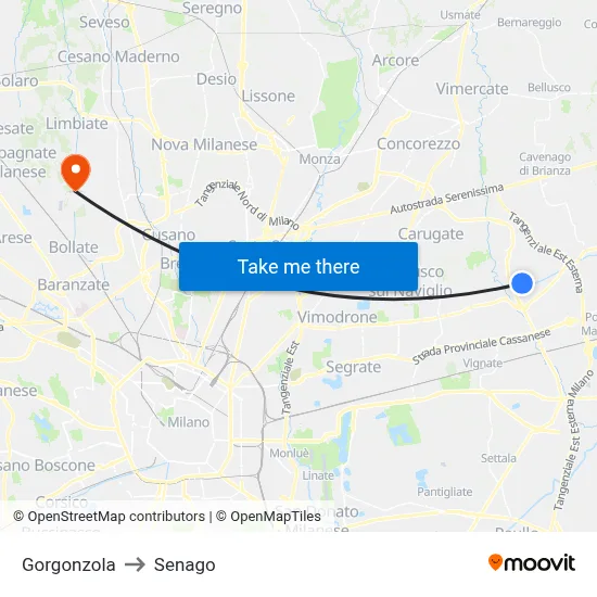 Gorgonzola to Senago map