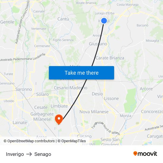 Inverigo to Senago map