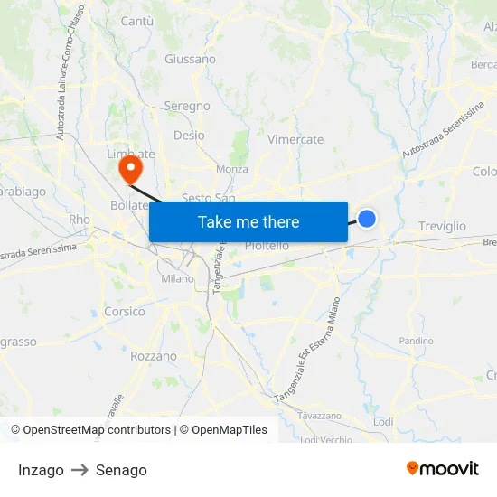 Inzago to Senago map