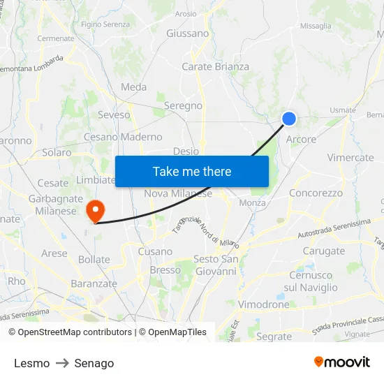Lesmo to Senago map