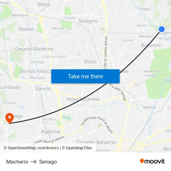 Macherio to Senago map