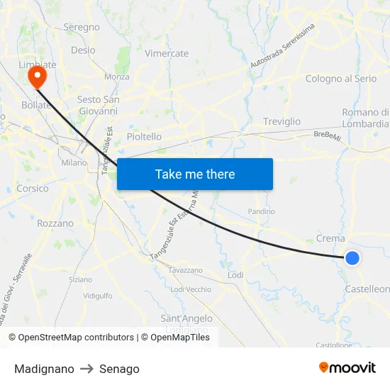 Madignano to Senago map