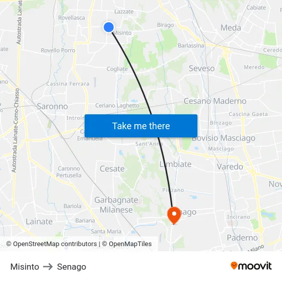 Misinto to Senago map
