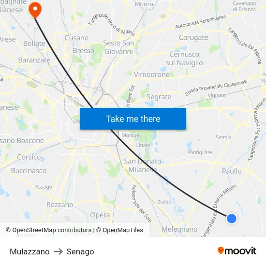 Mulazzano to Senago map