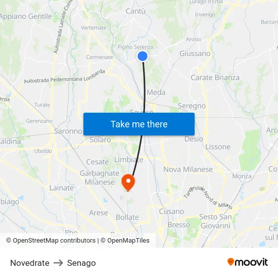 Novedrate to Senago map
