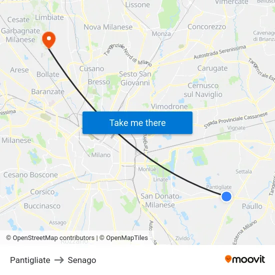 Pantigliate to Senago map