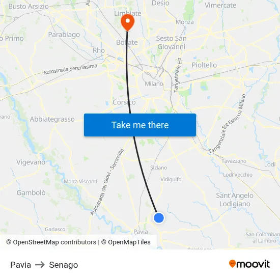 Pavia to Senago map