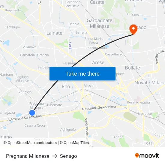 Pregnana Milanese to Senago map