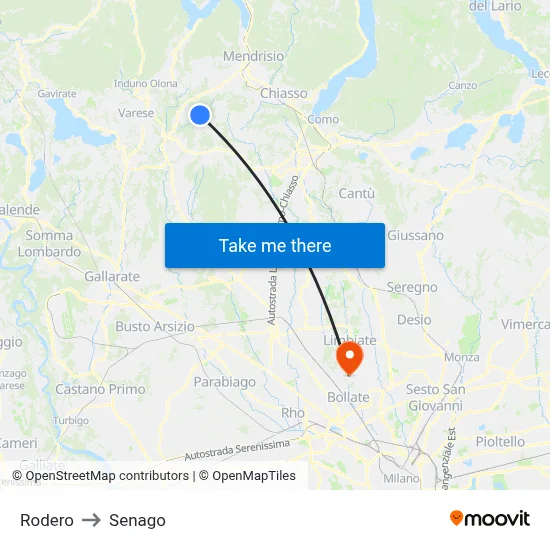Rodero to Senago map