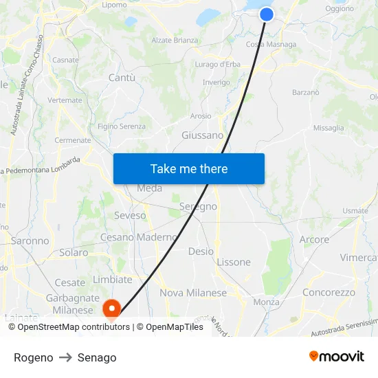 Rogeno to Senago map