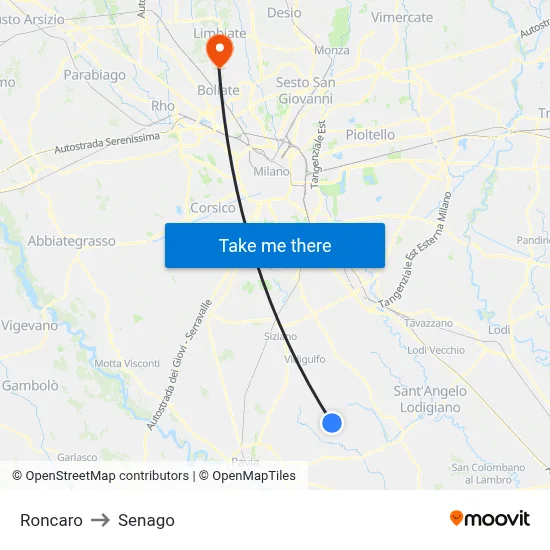 Roncaro to Senago map