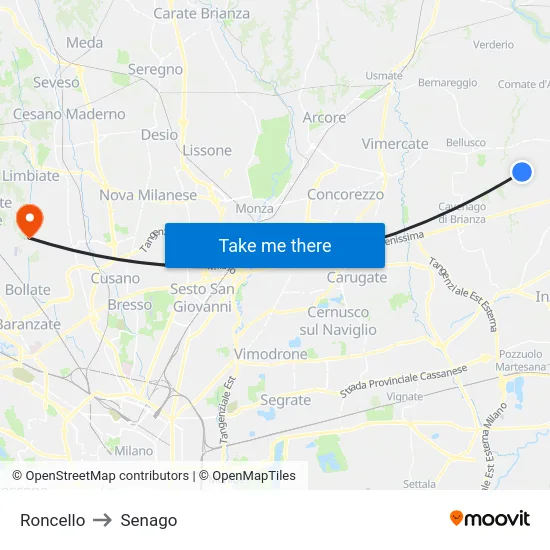Roncello to Senago map