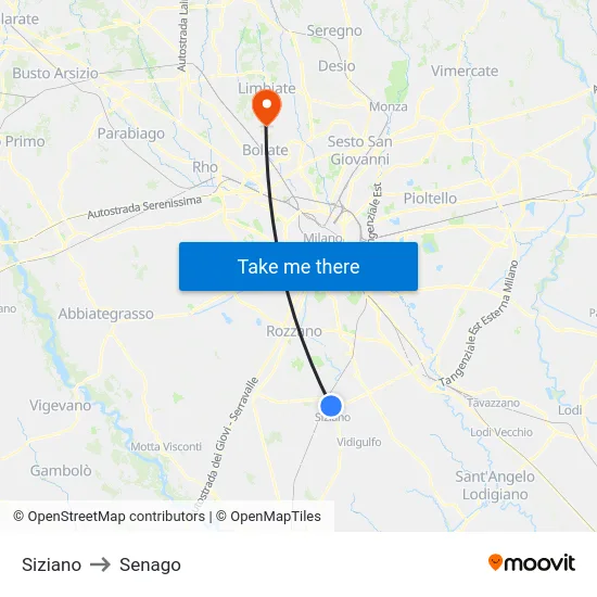 Siziano to Senago map