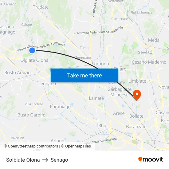 Solbiate Olona to Senago map