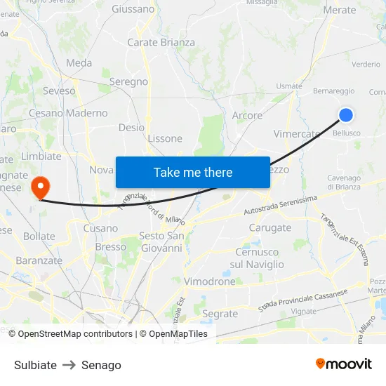 Sulbiate to Senago map