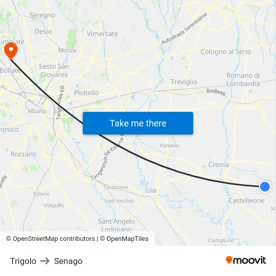 Trigolo to Senago map