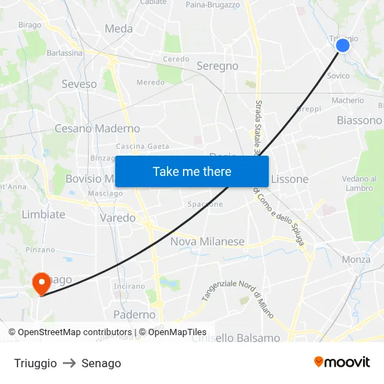 Triuggio to Senago map