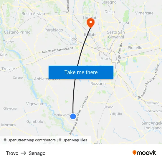 Trovo to Senago map