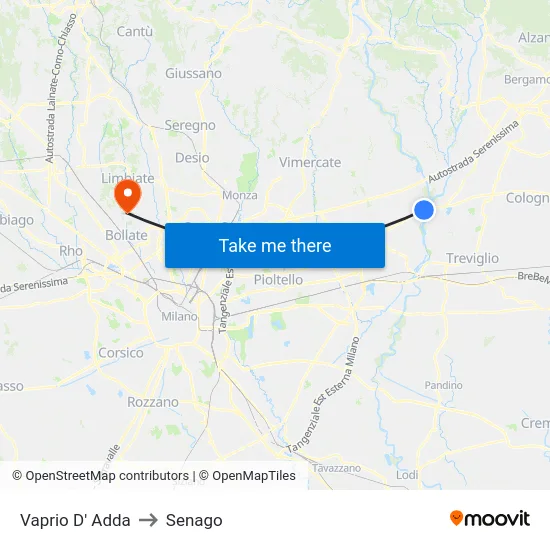 Vaprio d'Adda to Senago map