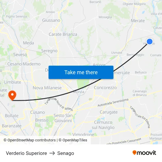 Verderio Superiore to Senago map