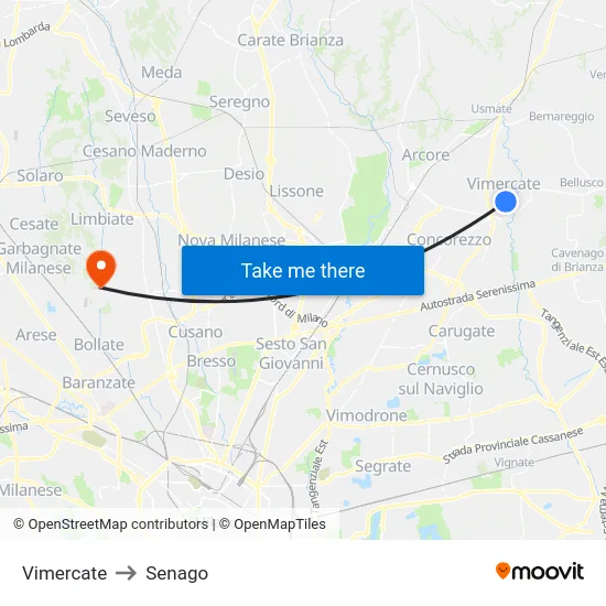 Vimercate to Senago map