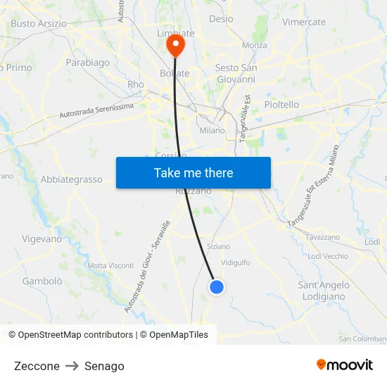 Zeccone to Senago map