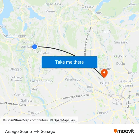 Arsago Seprio to Senago map