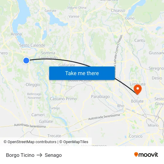 Borgo Ticino to Senago map