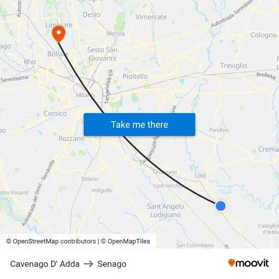 Cavenago D' Adda to Senago map
