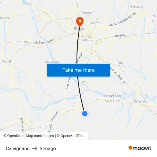 Calvignano to Senago map
