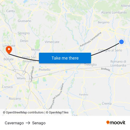 Cavernago to Senago map