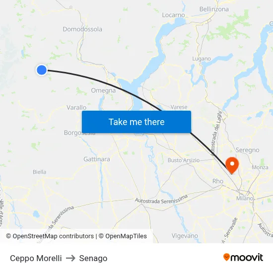 Ceppo Morelli to Senago map