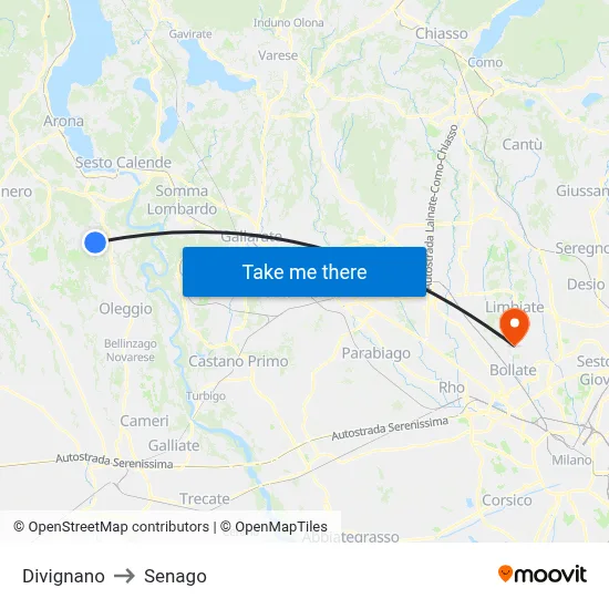 Divignano to Senago map