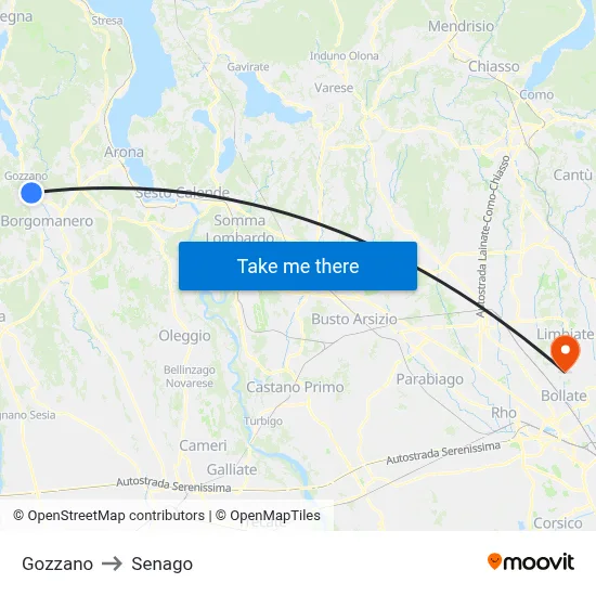Gozzano to Senago map