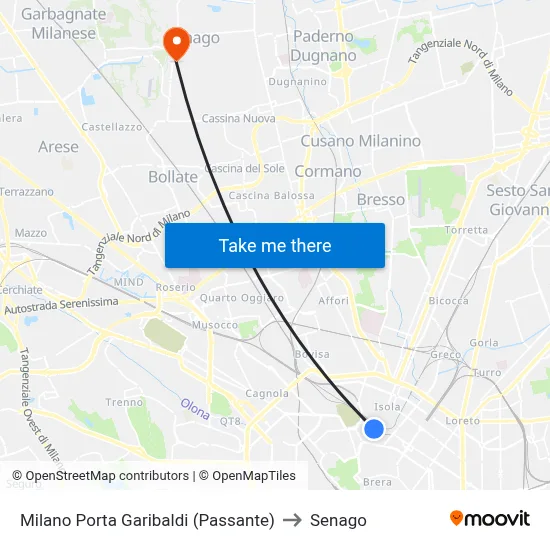 Milan Porta Garibaldi (Passante) to Senago map