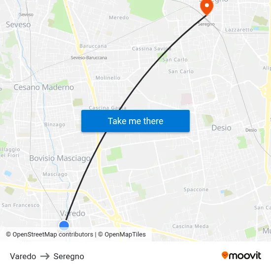 Varedo to Seregno map