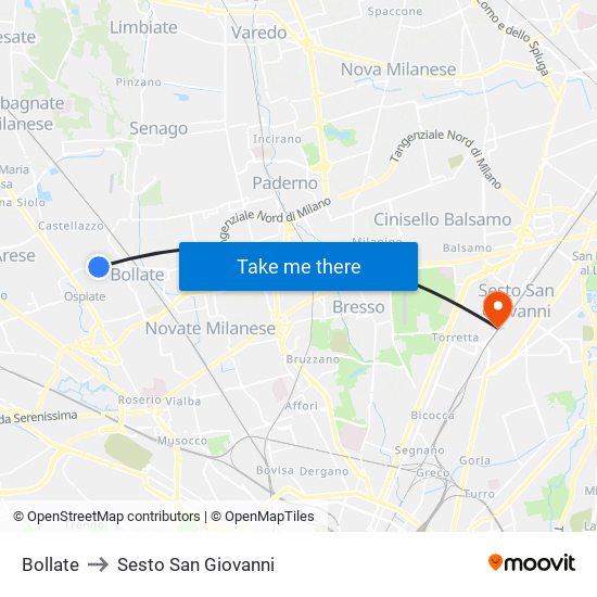 Bollate to Sesto San Giovanni map