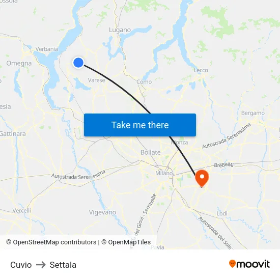 Cuvio to Settala map