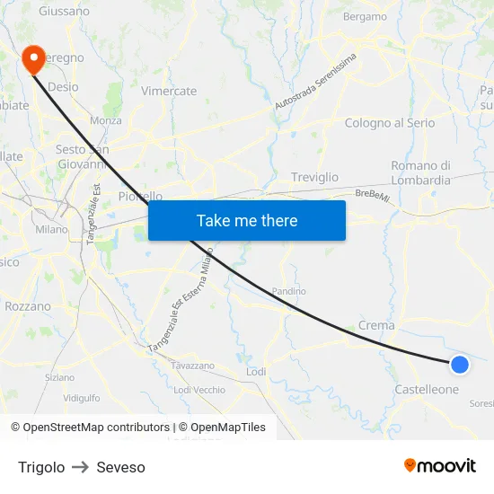 Trigolo to Seveso map