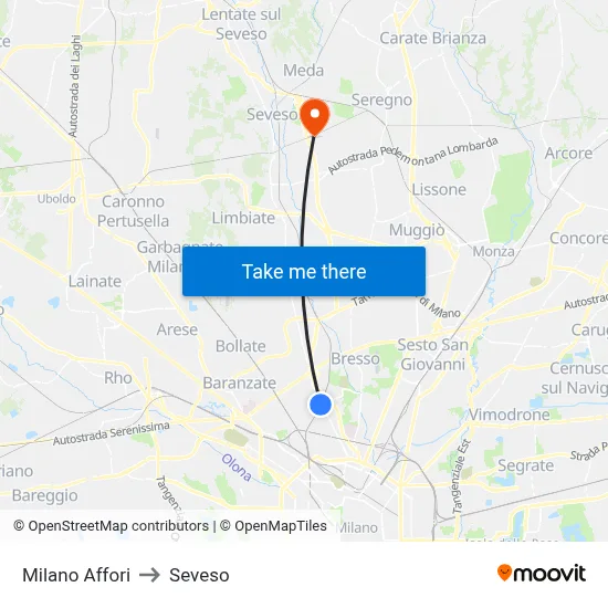 Milano Affori to Seveso map
