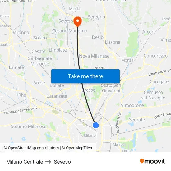 Milano Centrale to Seveso map