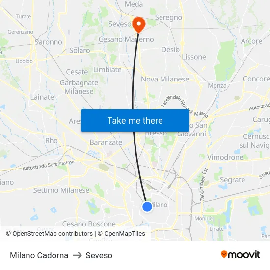 Milan Cadorna to Seveso map
