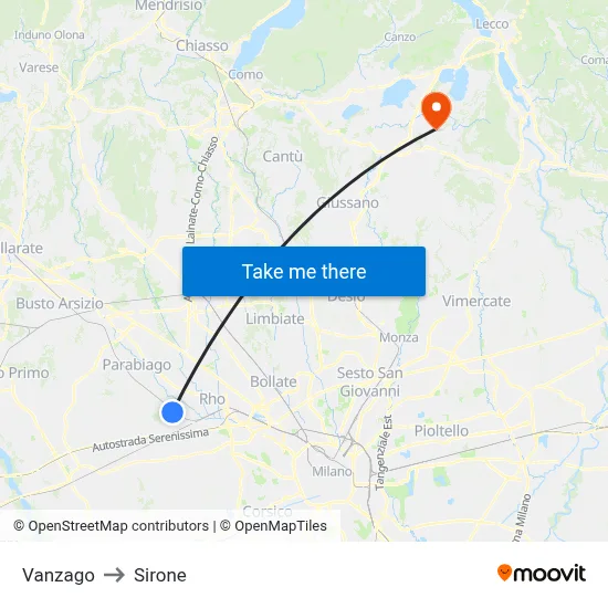 Vanzago to Sirone map