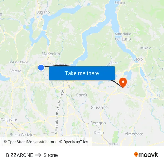 Bizzarone to Sirone map
