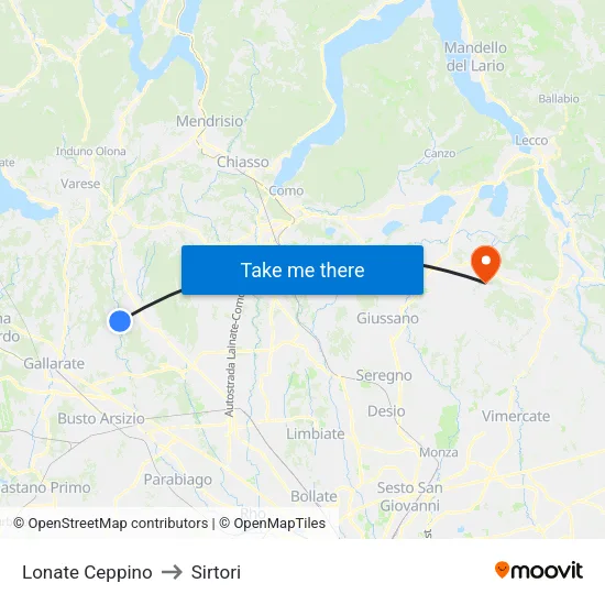 Lonate Ceppino to Sirtori map