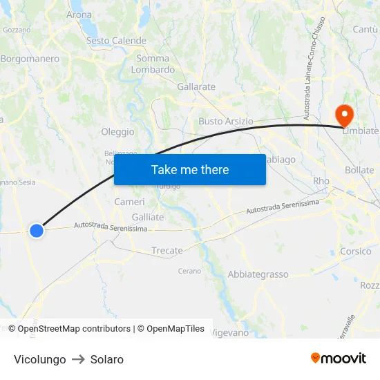 Vicolungo to Solaro map