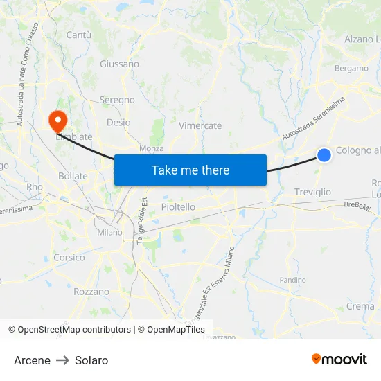 Arcene to Solaro map