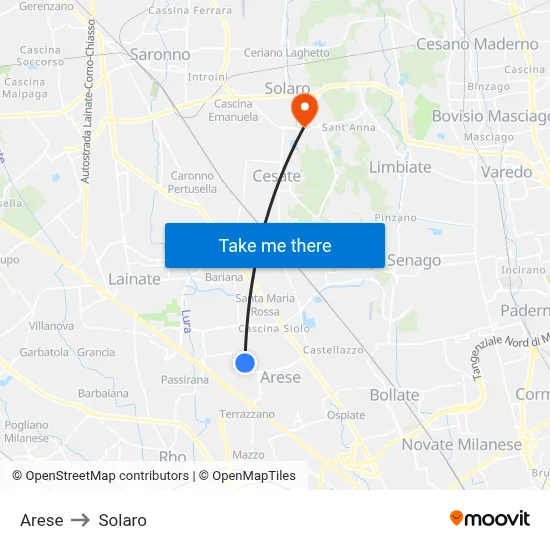 Arese to Solaro map