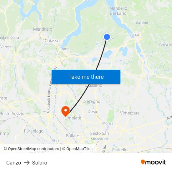 Canzo to Solaro map